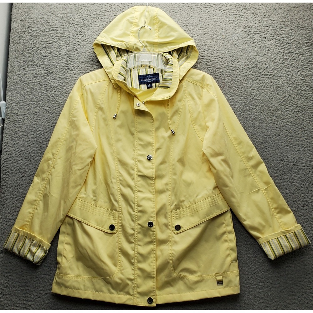 Mackintosh Rain Jacket Womens M Yellow Lined Hooded Long Sleeve Snap Inside Zip